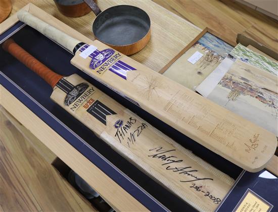 A Newbery cricket bat signed by Murray Goodwin and Mushtag Ahmed Bat and another Newbery commemorative